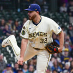 Jun 9, 2025; Milwaukee, Wisconsin, USA; Milwaukee Brewers starting pitcher Aaron Civale (32) throws a pitch in the first inning against the Atlanta Braves at American Family Field. Mandatory Credit: Benny Sieu-Imagn Images