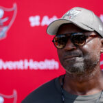 Jun 10, 2025; Tampa Bay, FL, USA; Tampa Bay Buccaneers head coach Todd Bowles gives a press conference after mini camp at AdventHealth Training Center. Mandatory Credit: Nathan Ray Seebeck-Imagn Images