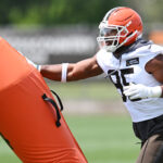 Jun 10, 2025; Berea, OH, USA; Cleveland Browns defensive end Myles Garrett (95) runs a drill during minicamp at CrossCountry Mortgage Campus. Mandatory Credit: Ken Blaze-Imagn Images