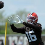 Cleveland Browns wide receiver Diontae Johnson (16) looks to catch a pass during practice at NFL minicamp, Tuesday, June 10, 2025, in Berea, Ohio. [Jeff Lange/Beacon Journal]