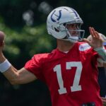 Indianapolis Colts quarterback Daniel Jones (17) throws the ball Tuesday, June 10, 2025, during NFL Colts mandatory mini camp at the Indiana Farm Bureau Football Center in Indianapolis.