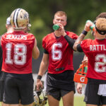 Jun 10, 2025; New Orleans, LA, USA; New Orleans Saints quarterback Tyler Shough (6) and quarterback Spencer Rattler (2) and quarterback Hunter Dekkers (18) take a water break during minicamp at Ochsner Sports Performance Center. Mandatory Credit: Stephen Lew-Imagn Images
