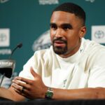 Jun 10, 2025; Philadelphia, PA, USA; Philadelphia Eagles quarterback Jalen Hurts (1) addresses media during a press conference at NovaCare Complex. Mandatory Credit: Kyle Ross-Imagn Images