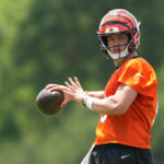 Jun 10, 2025; Cincinnati, OH, USA; Cincinnati Bengals quarterback Joe Burrow (9) during practice at Paycor Stadium. Mandatory Credit: Kareem Elgazzar-Imagn Images