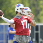 Jun 11, 2025; Orchard Park, NY, USA; Buffalo Bills quarterback Josh Allen (17) throws the ball during Minicamp at Highmark Stadium. Mandatory Credit: Gregory Fisher-Imagn Images