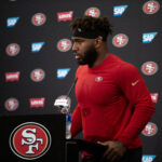 Jun 11, 2025; Santa Clara, CA, USA; San Francisco 49ers defensive end Bryce Huff (47) speaks to the media following a team OTA at Levi's Stadium. Mandatory Credit: D. Ross Cameron-Imagn Images