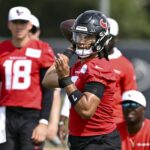 Jun 10, 2025; Houston, TX, USA; Houston Texans quarterback C.J. Stroud (7) participates in a drill during an NFL football minicamp at NRG Stadium. Mandatory Credit: Maria Lysaker-Imagn Images