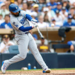 Jun 11, 2025; San Diego, California, USA; Los Angeles Dodgers right fielder Teoscar Hernandez (37) hits a three run home run during the sixth inning against the San Diego Padres at Petco Park. Mandatory Credit: David Frerker-Imagn Images