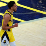 Jun 11, 2025; Indianapolis, Indiana, USA; Indiana Pacers guard Tyrese Haliburton (0) celebrates after beating the Oklahoma City Thunder in game three of the 2025 NBA Finals at Gainbridge Fieldhouse.