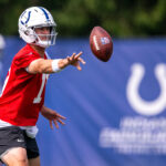 Jun 12, 2025; Indianapolis, IN, USA; Indianapolis Colts quarterback Daniel Jones (17) pitches a ball during training camp at the Farm Bureau Football complex. Mandatory Credit: Marc Lebryk-Imagn Images