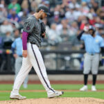 Jun 14, 2025; New York City, New York, USA; New York Mets starting pitcher Tylor Megill (38) reacts during the fourth inning against the Tampa Bay Rays at Citi Field. Mandatory Credit: Brad Penner-Imagn Images