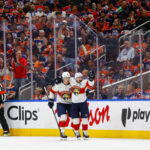 Jun 14, 2025; Edmonton, Alberta, CAN; Florida Panthers forward Brad Marchand (63) celebrates scoring during the third period against the Edmonton Oilers in game five of the 2025 Stanley Cup Final at Rogers Place. Mandatory Credit: Perry Nelson-Imagn Images