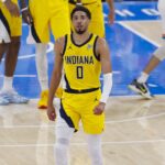 Jun 16, 2025; Oklahoma City, Oklahoma, USA; Indiana Pacers guard Tyrese Haliburton (0) walks back to the team bench in the first quarter against the Oklahoma City Thunder during game five of the 2025 NBA Finals at Paycom Center. Mandatory Credit: Alonzo Adams-Imagn Images