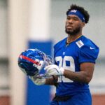 New York Giants running back Tyrone Tracy Jr. (29) walks around during Mandatory Minicamp at Quest Diagnostics Giants Training Center in East Rutherford on Tuesday, June 17, 2025.