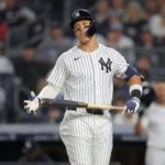 Jun 17, 2025; Bronx, New York, USA; New York Yankees right fielder Aaron Judge (99) reacts after striking out during the sixth inning against the Los Angeles Angels at Yankee Stadium. Mandatory Credit: Brad Penner-Imagn Images