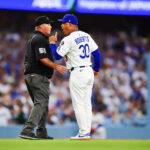 Jun 17, 2025; Los Angeles, California, USA; Los Angeles Dodgers manager Dave Roberts (30) argues with umpire Marvin Hudson (51) during the third inning against the San Diego Padres at Dodger Stadium. Mandatory Credit: Gary A. Vasquez-Imagn Images