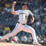 Jun 21, 2025; Pittsburgh, Pennsylvania, USA; Pittsburgh Pirates starting pitcher Mitch Keller (23) delivers a pitch against the Texas Rangers during the first inning at PNC Park. Mandatory Credit: Charles LeClaire-Imagn Images