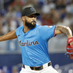 Jun 22, 2025; Miami, Florida, USA; Miami Marlins starting pitcher Sandy Alcantara (22) pitches against the Atlanta Braves during the first inning at loanDepot Park. Mandatory Credit: Rhona Wise-Imagn Images