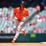 Jun 22, 2025; Anaheim, California, USA; Houston Astros shortstop Jeremy Pena (3) runs the bases after hitting a solo home run against the Los Angeles Angels during the fifth inning at Angel Stadium. Mandatory Credit: Gary A. Vasquez-Imagn Images
