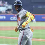 Jun 23, 2025; New York City, New York, USA; Atlanta Braves right fielder Ronald Acuña Jr. (13) reacts after hitting a solo home run in the third inning against the New York Mets at Citi Field. Mandatory Credit: Wendell Cruz-Imagn Images
