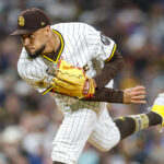 Jun 24, 2025; San Diego, California, USA; San Diego Padres relief pitcher Robert Suarez (75) throws a pitch during the ninth inning against the Washington Nationals at Petco Park. Mandatory Credit: David Frerker-Imagn Images