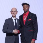 Jun 25, 2025; Brooklyn, NY, USA; Ace Bailey stands with NBA commissioner Adam Silver after being selected as the fifth pick by the Utah Jazz in the first round of the 2025 NBA Draft at Barclays Center.