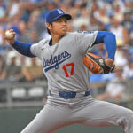 Jun 28, 2025; Kansas City, Missouri, USA; Los Angeles Dodgers designated hitter Shohei Ohtani (17) throws a pitch in the first inning against the Kansas City Royals at Kauffman Stadium. Mandatory Credit: Peter Aiken-Imagn Images