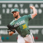 Jun 13, 2025; Boston, Massachusetts, USA; Boston Red Sox pitcher Garrett Crochet (35) throws a pitch against the New York Yankees in the first inning at Fenway Park.