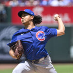 Jun 26, 2025; St. Louis, Missouri, USA; Chicago Cubs starting pitcher Shota Imanaga (18) pitches against the St. Louis Cardinals during the second inning at Busch Stadium.