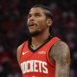 Apr 30, 2025; Houston, Texas, USA;Houston Rockets guard Jalen Green (4) reacts while playing against the Golden State Warriors in the second quarter during game five of first round for the 2025 NBA Playoffs at Toyota Center.