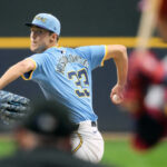 Jun 12, 2025; Milwaukee, Wisconsin, USA; Milwaukee Brewers pitcher Jacob Misiorowski (33) throws a pitch during the third inning against the St. Louis Cardinals at American Family Field.