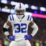 Nov 12, 2023; Frankfurt, Germany; Indianapolis Colts safety Julian Blackmon (32) reacts after a play against the New England Patriots in the fourth quarter during an International Series game at Deutsche Bank Park.
