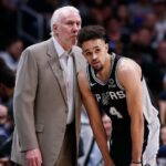Celtics Derrick White troca - Apr 16, 2019; Denver, CO, USA; San Antonio Spurs head coach Gregg Popovich talks with guard Derrick White (4) in the second quarter against the Denver Nuggets in game two of the first round of the 2019 NBA Playoffs at the Pepsi Center. Mandatory Credit: Isaiah J. Downing-USA TODAY Sports
