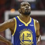 May 6, 2019; Houston, TX, USA; Golden State Warriors forward Kevin Durant (35) reacts after a play during the third quarter against the Houston Rockets in game four of the second round of the 2019 NBA Playoffs at Toyota Center. Mandatory Credit: Troy Taormina-USA TODAY Sports
