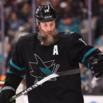 Jan 9, 2020; San Jose, California, USA; San Jose Sharks center Joe Thornton (19) checks his stick during the first period against the Columbus Bluejackets at SAP Center at San Jose. Mandatory Credit: Cody Glenn-USA TODAY Sports
