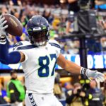 Dec 4, 2022; Inglewood, California, USA; Seattle Seahawks tight end Noah Fant (87) celebrates his touchdown scored against the Los Angeles Rams during the first half at SoFi Stadium. Mandatory Credit: Gary A. Vasquez-USA TODAY Sports