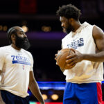 Mar 20, 2023; Philadelphia, Pennsylvania, USA; Philadelphia 76ers guard James Harden (L) and center Joel Embiid (R) before action against the Chicago Bulls at Wells Fargo Center.