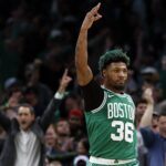 May 25, 2023; Boston, Massachusetts, USA; Boston Celtics guard Marcus Smart (36) reacts during the first quarter of game five against the Miami Heat in the Eastern Conference Finals for the 2023 NBA playoffs at TD Garden. Mandatory Credit: Winslow Townson-USA TODAY Sports