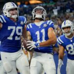Indianapolis Colts offensive tackle Bernhard Raimann (79) and Indianapolis Colts tight end Kylen Granson (83) celebrate with Indianapolis Colts wide receiver Michael Pittman Jr. (11) after a touchdown Sunday, Sept. 10, 2023, during a game against the Jacksonville Jaguars at Lucas Oil Stadium in Indianapolis.