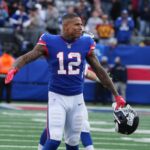 East Rutherford, NJ — October 22, 2023 -- Darren Waller of the Giants at the end of the game. The NY Giants host the Washington Commanders at MetLife Stadium in East Rutherford, NJ on October 22, 2023.