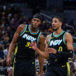 Nov 9, 2023; Indianapolis, Indiana, USA; Indiana Pacers center Myles Turner (33) and guard Tyrese Haliburton (0) in the first half against the Milwaukee Bucks at Gainbridge Fieldhouse.