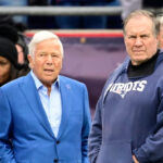 Dec 17, 2023; Foxborough, Massachusetts, USA; New England Patriots head coach Bill Belichick and Patriots owner Robert Kraft watch the field during the warm-up period before a game against the Kansas City Chiefs at Gillette Stadium. Mandatory Credit: Eric Canha-USA TODAY Sports