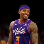 Jan 3, 2024; Phoenix, Arizona, USA; Phoenix Suns guard Bradley Beal (3) reacts during the third quarter against the LA Clippers at Footprint Center. Mandatory Credit: Mark J. Rebilas-USA TODAY Sports