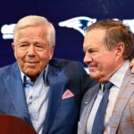 Jan 11, 2024; Foxborough, MA, USA; New England Patriots former head coach Bill Belichick (right) embraces Patriots owner Robert Kraft (left) during a press conference at Gillette Stadium to announce Belichick's exit from the team. Mandatory Credit: Eric Canha-USA TODAY Sports