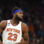 Nov 20, 2022; Phoenix, Arizona, USA; New York Knicks center Mitchell Robinson (23) against the Phoenix Suns at Footprint Center. Mandatory Credit: Mark J. Rebilas-USA TODAY Sports