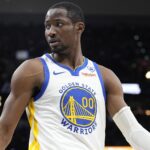Mar 11, 2024; San Antonio, Texas, USA; Golden State Warriors forward Jonathan Kuminga (00) reacts to a call by an official during the first half against the San Antonio Spurs at Frost Bank Center. Mandatory Credit: Scott Wachter-USA TODAY Sports