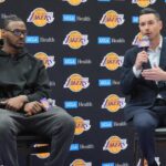 Jul 2, 2024; El Segundo, CA, USA; Los Angeles Lakers coach JJ Redick (right) and second-round draft pick Bronny James at a press conference at the UCLA Health Training Center. Mandatory Credit: Kirby Lee-USA TODAY Sports