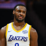 Jul 10, 2024; San Francisco, CA, USA; Los Angeles Lakers guard Bronny James Jr. (9) between plays against the Miami Heat during the fourth quarter at Chase Center.