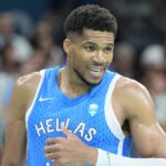 Jul 30, 2024; Villeneuve-d'Ascq, France; Greece small forward Giannis Antetokounmpo (34) reacts against Spain in a men's basketball group stage match during the Paris 2024 Olympic Summer Games at Stade Pierre-Mauroy. Mandatory Credit: John David Mercer-USA TODAY Sports