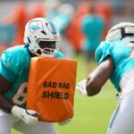 Aug 6, 2024; Miami Gardens, FL, USA; Miami Dolphins guard Matthew Jones (62) works out with offensive tackle Bayron Matos (79) during a joint practice with the Atlanta Falcons at Baptist Health Training Complex. Mandatory Credit: Sam Navarro-USA TODAY Sports